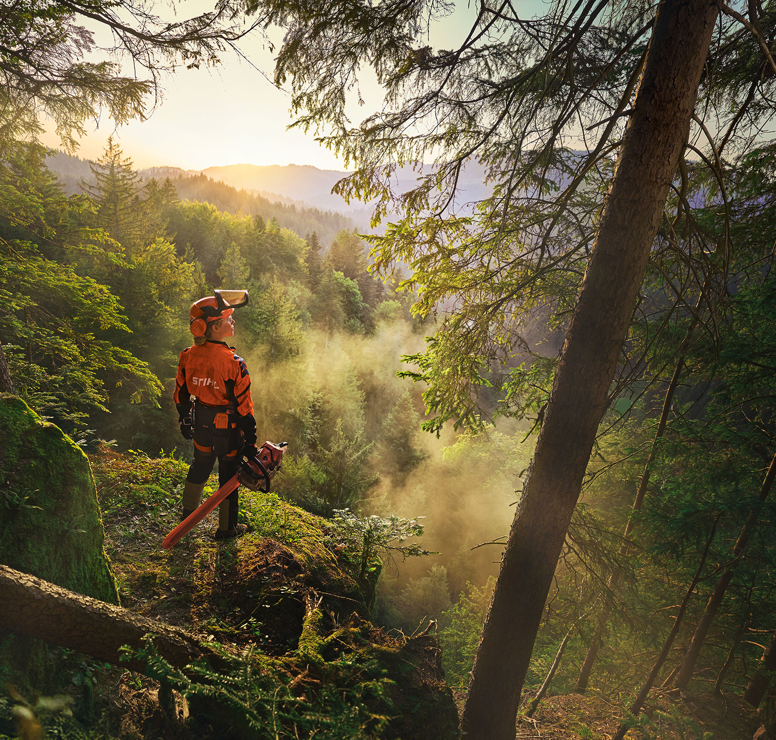 Eine Frau steht am Rande einer Klippe in einem sattgrünen Wald. Sie trägt orangefarbene STIHL Arbeitskleidung, das ADVANCE ProCom Headset und hält eine STIHL MS Kettensäge in der Hand. 