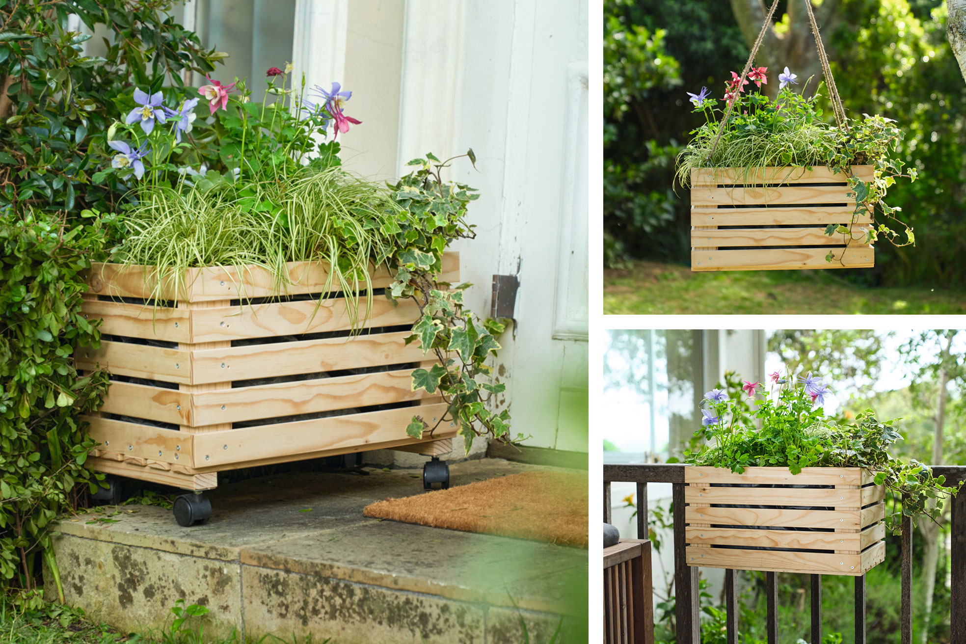 Eindrücke eines DIY-Blumenkastens in drei schicken Varianten: Auf Rollen, mit Schnuraufhängung und an der Balkonbrüstung