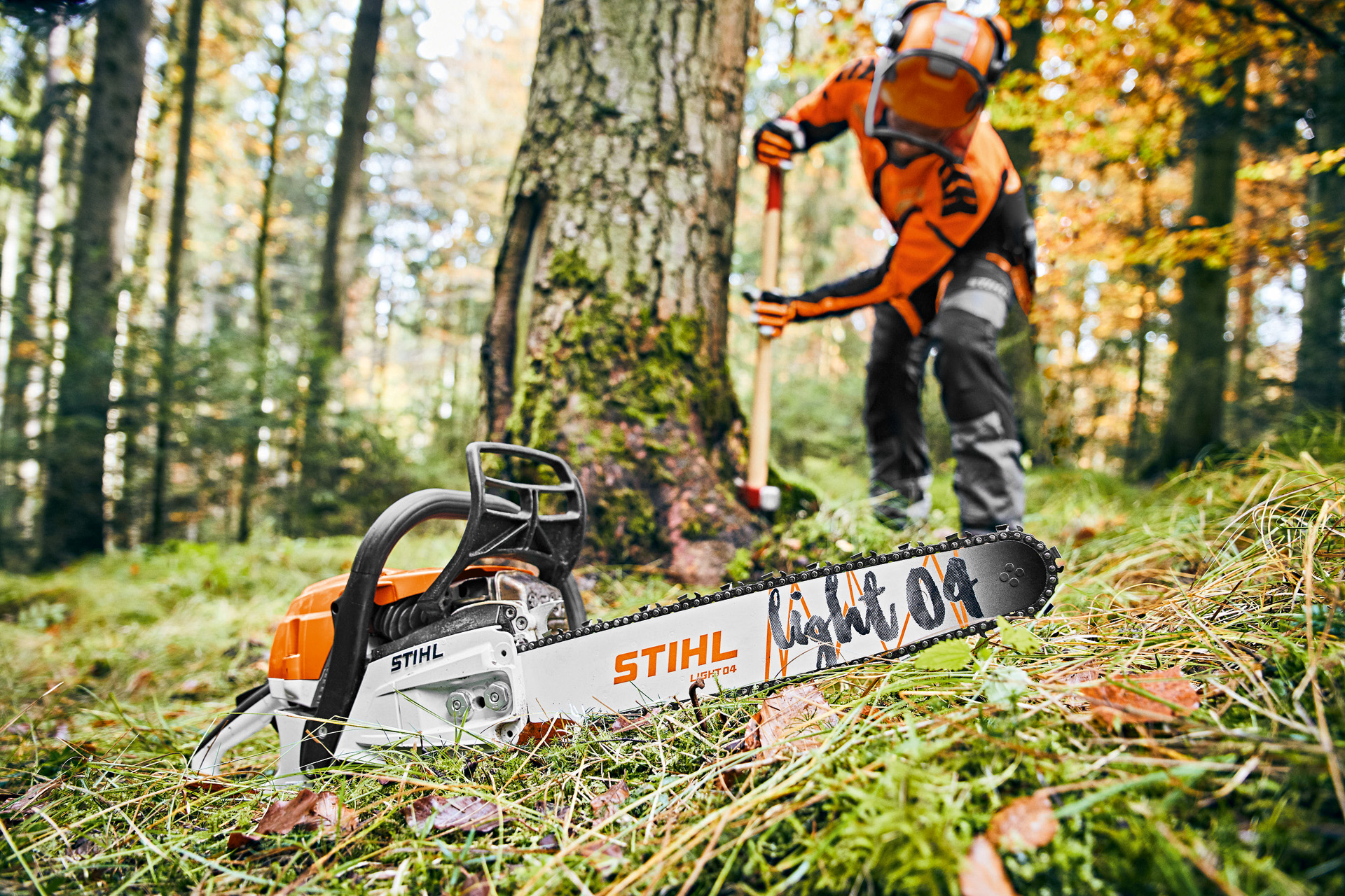 Mann in Schutzausrüstung im Wald, im Vordergrund STIHL Benzin-Kettensäge MS 261 C-M mit Führungsschiene Light 04