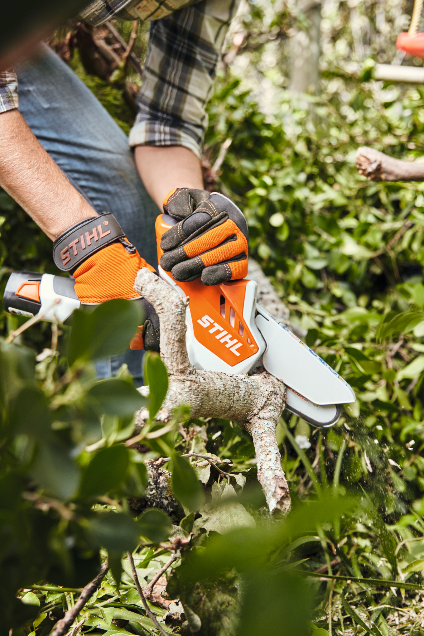 Eine Person schneidet mit dem Akku-Gehölzschneider STIHL GTA 26 eine Hecke