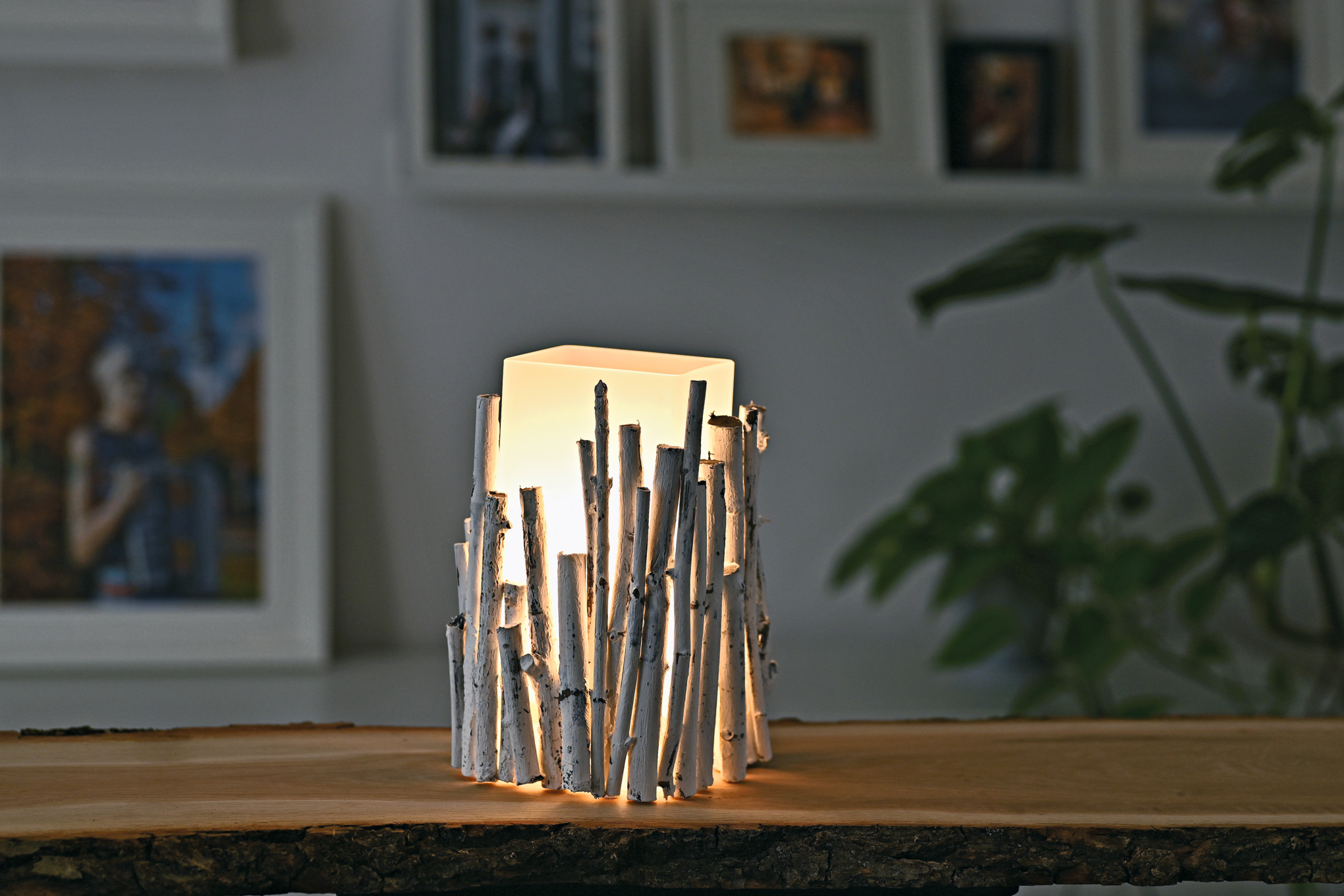 Lampe aus weißen Ästen zum Selberbauen auf einem Holztisch