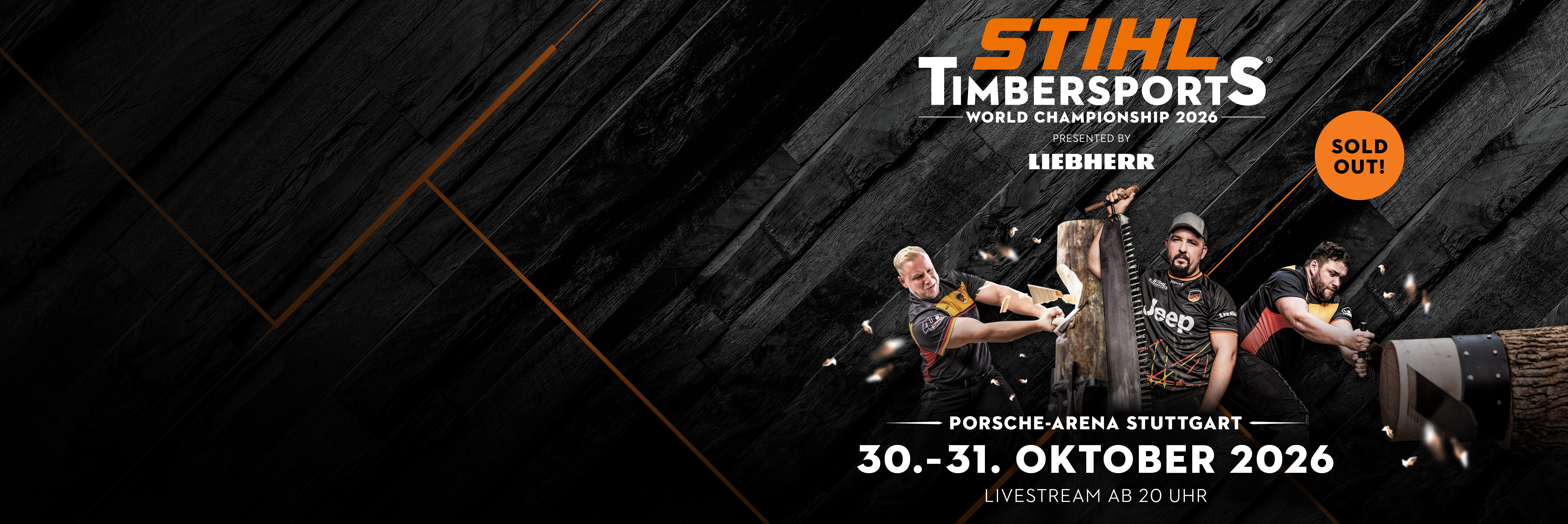 STIHL TIMBERSPORTS® Weltmeisterschaft 2026 mit Athleten im Wettkampf und Livestream am 30. und 31. Oktober.